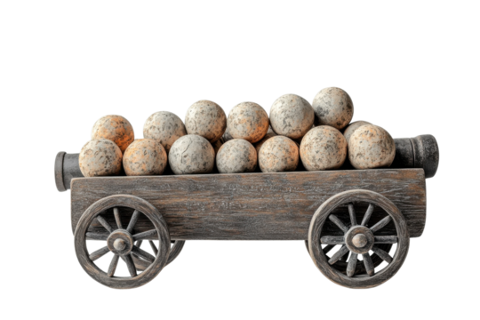 Ancient Cannon on Wheels with Cannonballs Historic Military Artillery Piece on transparent background