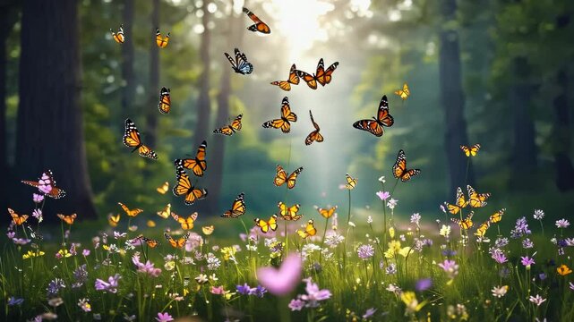 Slow motion of group of colorful Butterflies on the ground and flying in nature forest