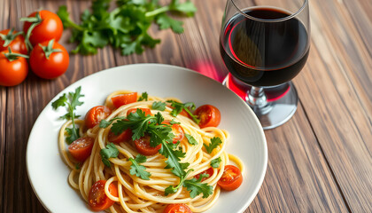 traditional italian pasta with tomatoes and arugula in plate and glass of red wine, papercraft. with white shades