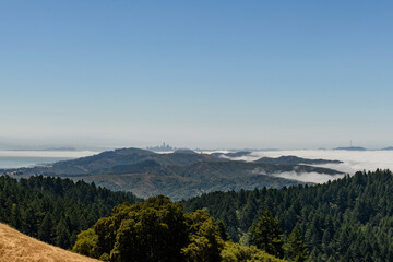 Distant view of the skyline of San Francisco as seen from atop a mountain in the Marin Headlands, northern California.