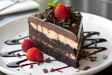 Decadent Chocolate Cake Slice with Ganache, Raspberries, and Rich Creamy Layers