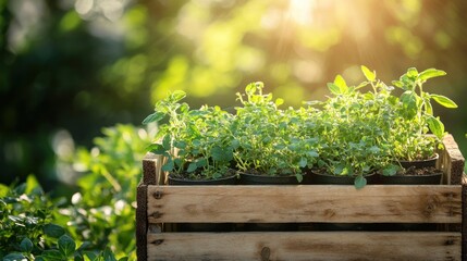 Young herbs in a wooden crate, bathed in sunlight