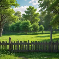 Vibrant green park backdrop with weathered fence displaying a poster mockup , advertisement, environment, backdrop