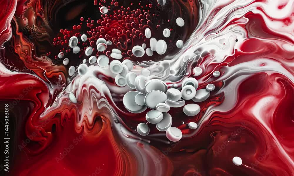 Poster a mesmerizing blend of red and white forms swirls vibrantly, depicting abstract motion and energy in