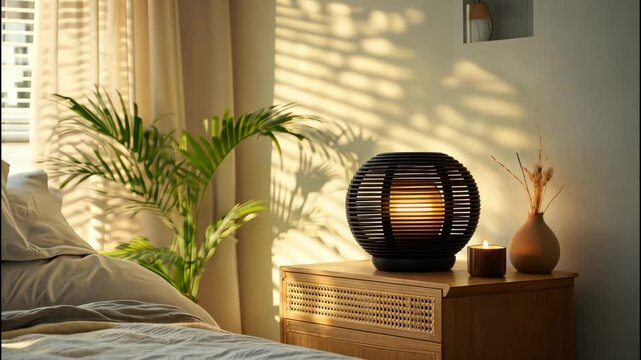 Wooden side table with round black lamp and leafy houseplants. 
