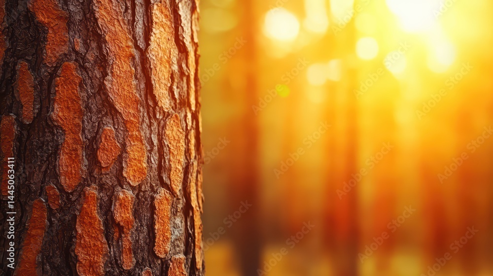 Poster close-up of tree bark with sunlight filtering through forest background