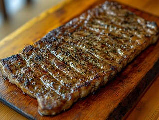 Grilled steak, seasoned, on wooden board
