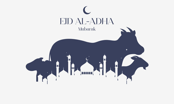 Islamic Eid Al Adha Celebration Flat Background with Sacrificial Animals Silhouette.