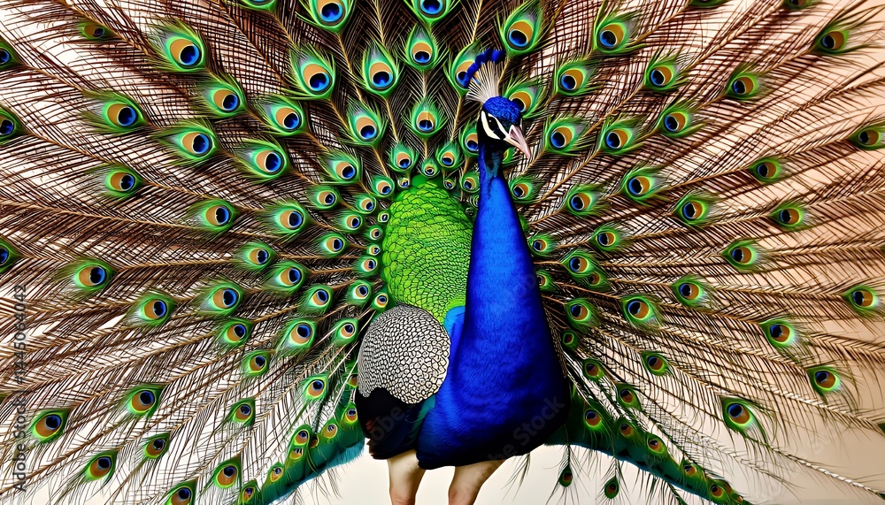 Poster close up of a peacock displaying blue green and gold plumage feathers in full display creating intri