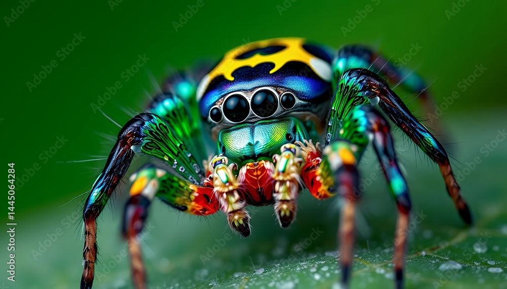Poster detailed close up of a colorful peacock spider on green background with intricate patterns and vibra