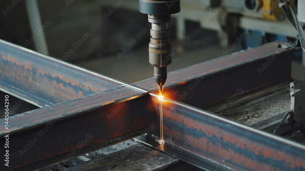 Poster a cnc machine precisely cuts through intersecting steel beams, producing sparks and heat during the 
