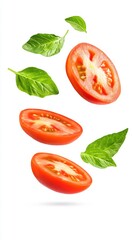 Fresh Sliced Tomato with Green Basil Leaves Floating On a White Background Culinary Delight Harmony