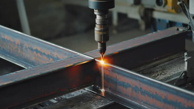 A CNC machine precisely cuts through intersecting steel beams, producing sparks and heat during the metalworking process.