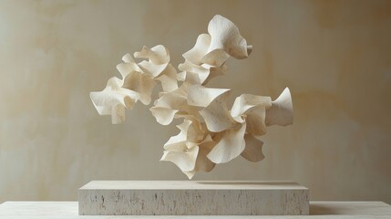 A cluster of irregularly shaped objects floating in mid-air against a monochromatic background, emphasizing symmetry and balance