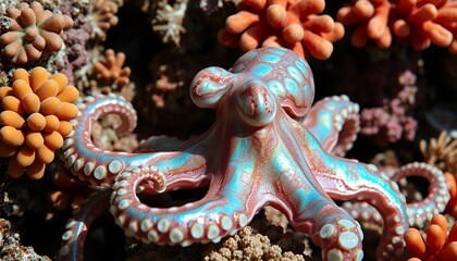 Obraz premium Detailed Eye Level View of Vibrant Octopus Amidst Coral Reef Ecosystem with Varied Colorful Corals and Clear Ocean Water Natural Lighting with Focus on Marine Biodiversity
