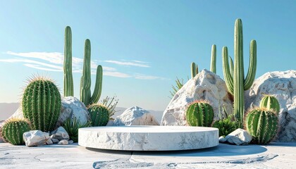 cactus in the desert with stone podium for drop product