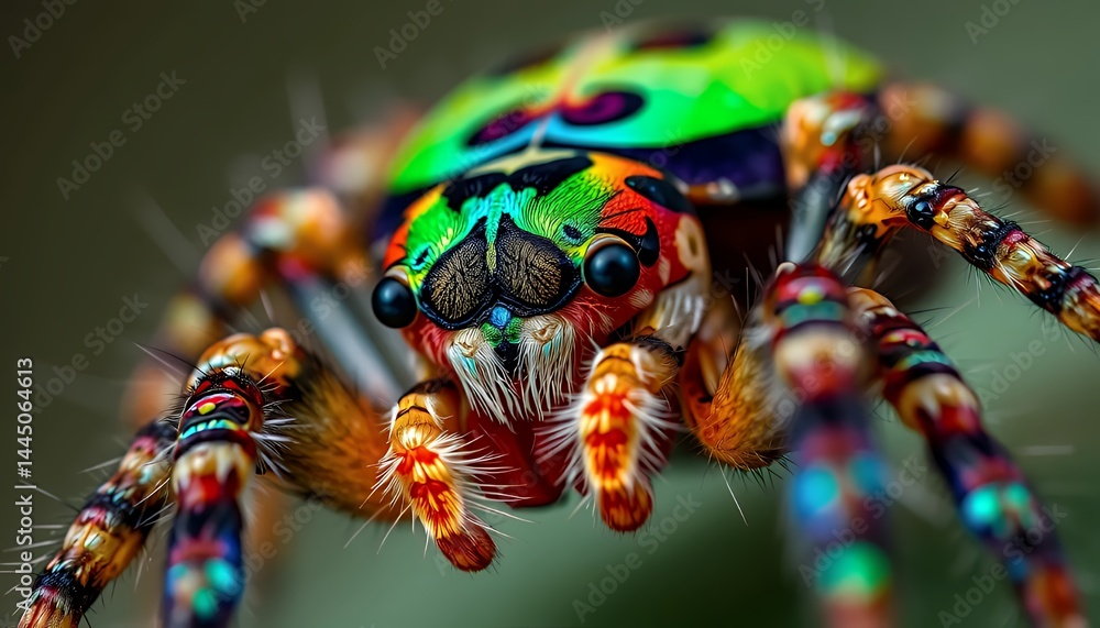 Poster detailed macro shot of a rainbow jumping spider with vibrant color patterns on green background