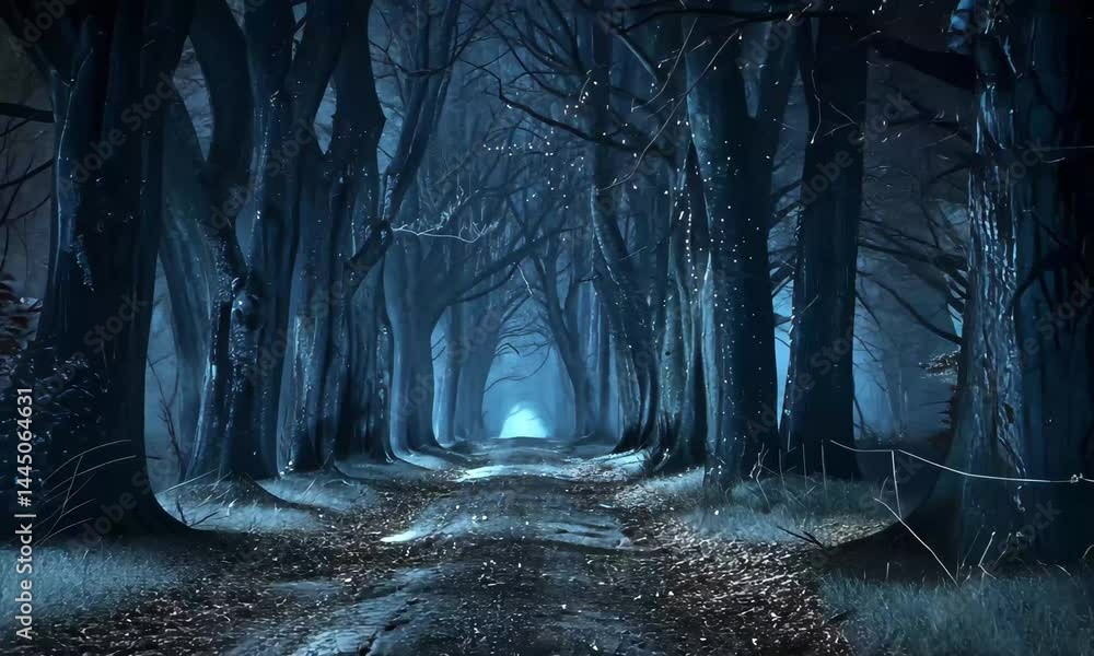 Aufkleber a narrow, winding path through a dense forest is illuminated by soft moonlight, surrounded by toweri