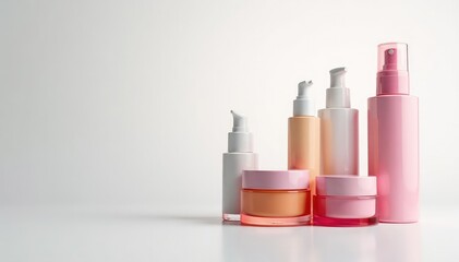 Various cosmetic containers on white backdrop , photography, simple