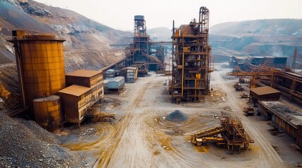 Overview of a large rare metals production complex showcasing several structures and heavy machinery. The location emphasizes industrial activity in a sprawling terrain with a dusty environment