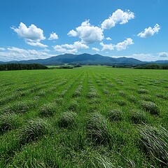 Lush green field stretches towards distant mountains under a bright blue sky