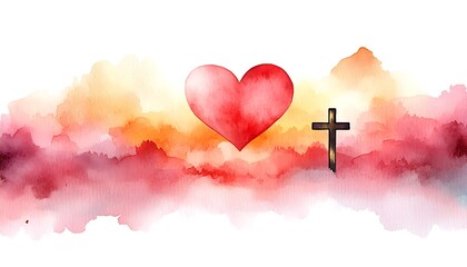 Watercolor sunset with heart and cross, symbolizing faith and love