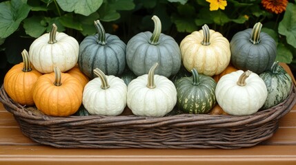 Colorful pumpkins nestled snugly within a rustic basket