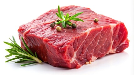Raw sirloin steak with rosemary and peppercorns on a white background