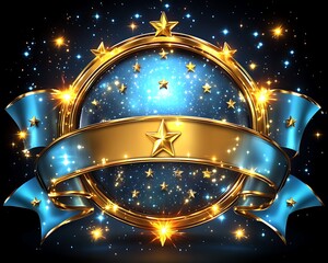 Celestial award emblem with gold frame and blue ribbon