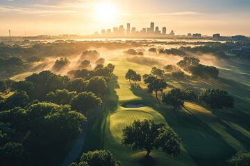Sunrise over green golf course with morning fog, city skyline visible in the background