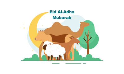 Happy Eid Al Adha Mubarak with Sacrificial Animals Illustration.