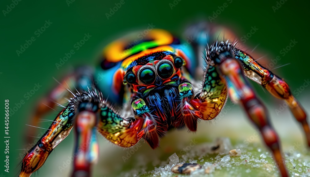 Poster vibrant multi colored jumping spider with water droplets macro close up on green background emphasiz