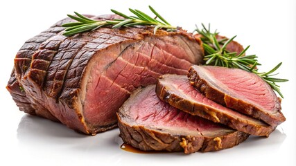 Juicy medium rare roast beef with rosemary sprigs on a white background