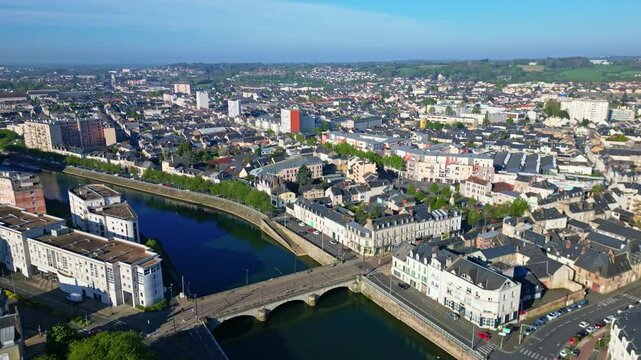 Panorama drone cityscape featuring the Sarthe riverside views with Pont Perrin, Le Mans, France.