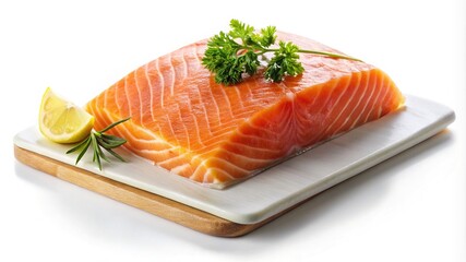 Fresh salmon fillet with parsley and lemon wedge on cutting board