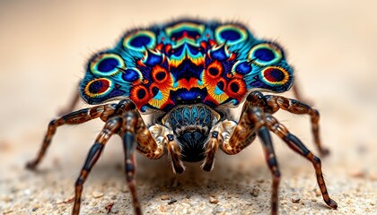 Fototapeta premium Vibrant Peacock Spider with Blue Orange and Yellow Coloration in Macro View on Beige Background