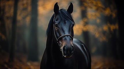Majestic black horse in autumnal woods