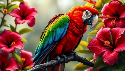 Obraz premium Vibrant Scarlet Macaw Perched Amidst Red Hibiscus Blooms Showcasing Detailed Plumage in Tropical Floral Backdrop
