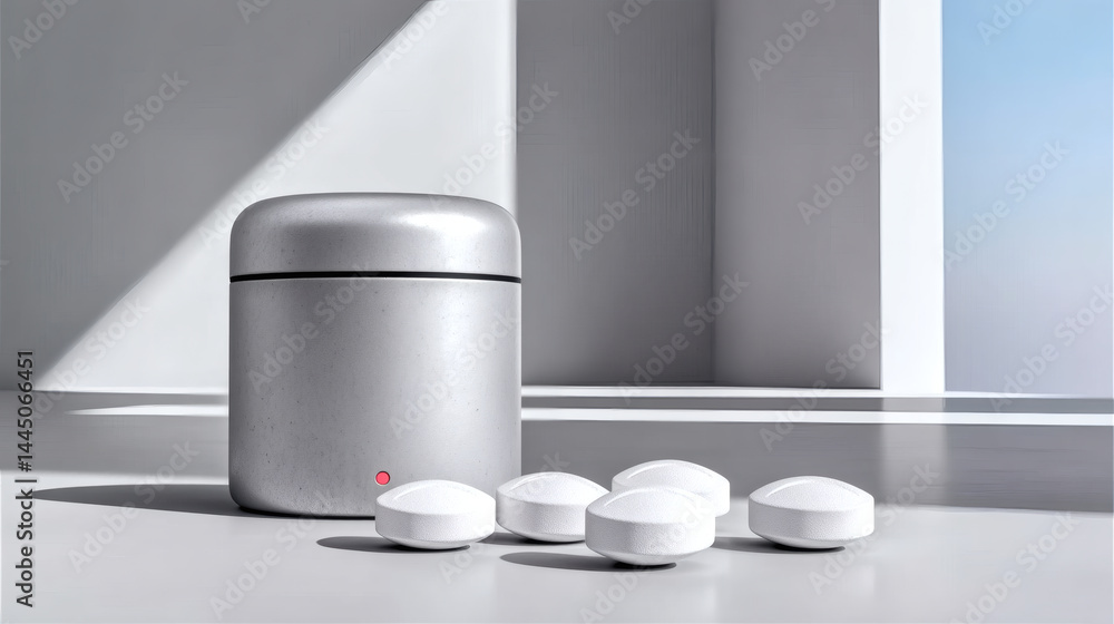 Poster modern silver container with white objects on minimalist background