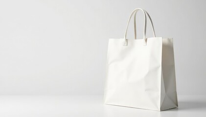 Crisp white cotton shopping bag with handles, clean white backdrop, blank template, merchandising, modern