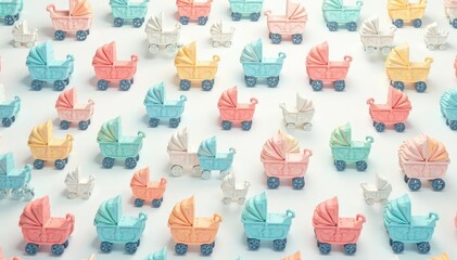 Pastel colored strollers, repeating geometric pattern, sweet, trendy, colorful