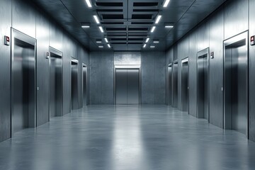 Metallic Elevator Doors in Concrete Hallway, Perspective View, Modern Building Interior, Lights