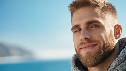 Fototapeta premium Young Man Smiling Outdoors with Ocean and Sky Background