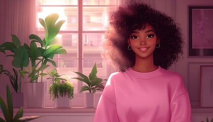 Smiling woman with afro, pink sweater, sunlit room