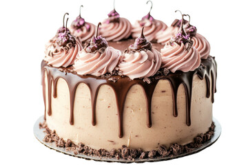 Decadent chocolate drip cake with pink frosting beautiful swirls and chocolate sprinkles bright