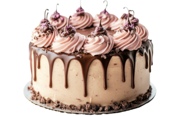 Decadent chocolate drip cake with pink frosting beautiful swirls and chocolate sprinkles bright