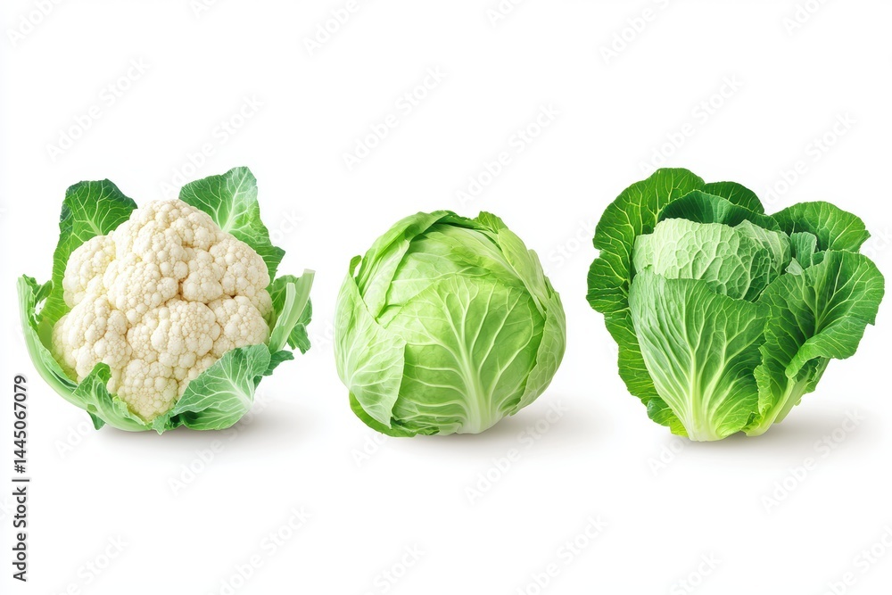 Poster fresh cauliflower green cabbage and savoy cabbage side by side displaying natural texture and vibran