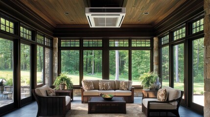 Naklejka premium Modern sunroom with a cooling unit mounted above sliding doors, natural light flooding in
