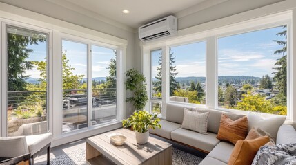 Fototapeta premium Modern sunroom with a cooling unit mounted above sliding doors, natural light flooding in