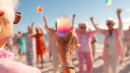 Elderly caucasian group celebrating at beach party with colorful drinks and joyful atmosphere